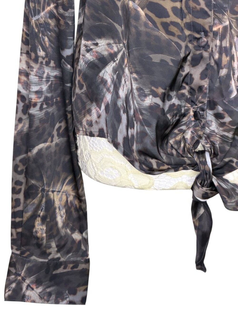 Guess Satin Blouse Shirt Top Button Front Tie Waist V Neck Animal Print M NWOT - Picture 4 of 8